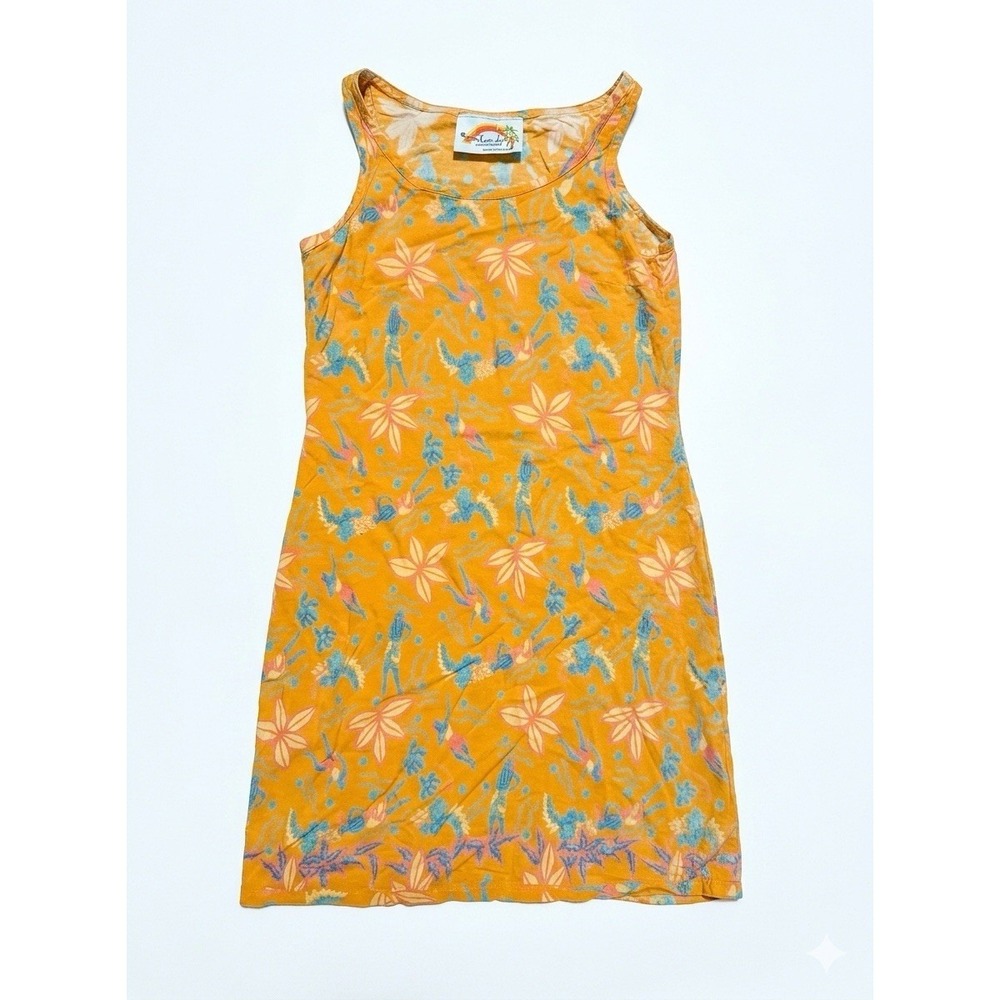 Vintage Hilo Rainbow Tank Dress Yellow Floral Hawaiian Tiki Cotton Shift Size S - Picture 3 of 3